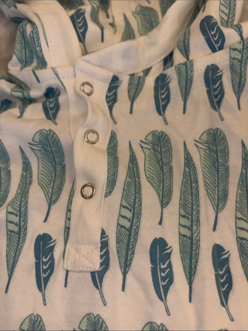 kate quinn Hooded Baby Romper in Teal and Aqua Feather Print
